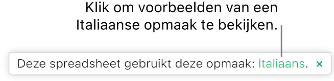 Een bericht met de strekking "Deze spreadsheet gebruikt deze opmaak: Italiaans".