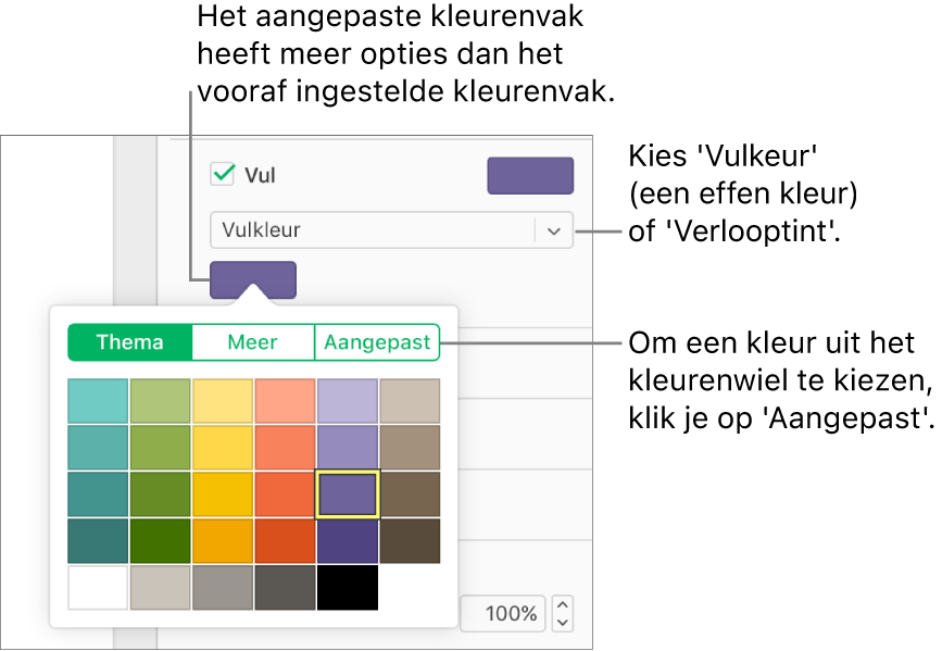 In het pop‑upmenu onder het aankruisvak 'Vulling' is 'Vulkleur' geselecteerd, waardoor het kleurenvak onder het pop‑upmenu meer vulkleuropties weergeeft.