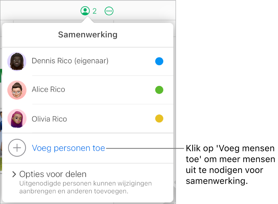 Het geopende samenwerkingsmenu met de optie 'Voeg mensen toe' onder de lijst met deelnemers.