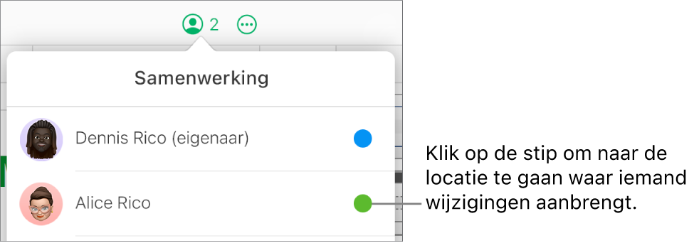 Het geopende samenwerkingsmenu met twee deelnemers en een verschillende kleur stip naast elke naam.