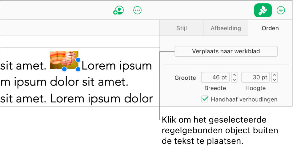 Een regelgebonden afbeelding in een tekstvak is geselecteerd, en de knop 'Verplaats naar werkblad' is zichtbaar in het tabblad 'Orden' in de navigatiekolom.