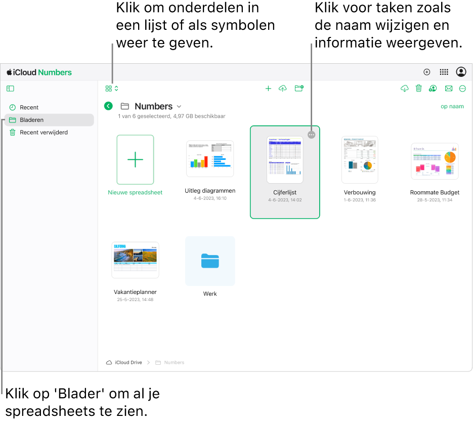 De documentmanager in bladerweergave. De knop 'Meer' (drie stippen) is zichtbaar in de rechterbovenhoek van de geselecteerde spreadsheet. Boven de spreadsheets staat links in de knoppenbalk een pop‑upmenu waarin je kunt kiezen of je onderdelen als symbolen of in een lijst wilt weergeven. In het midden van de knoppenbalk staan knoppen voor het aanmaken of uploaden van een spreadsheet en het aanmaken van een nieuwe map. Rechts in de knoppenbalk staan knoppen voor downloaden, samenwerken, e‑mailen en verwijderen.