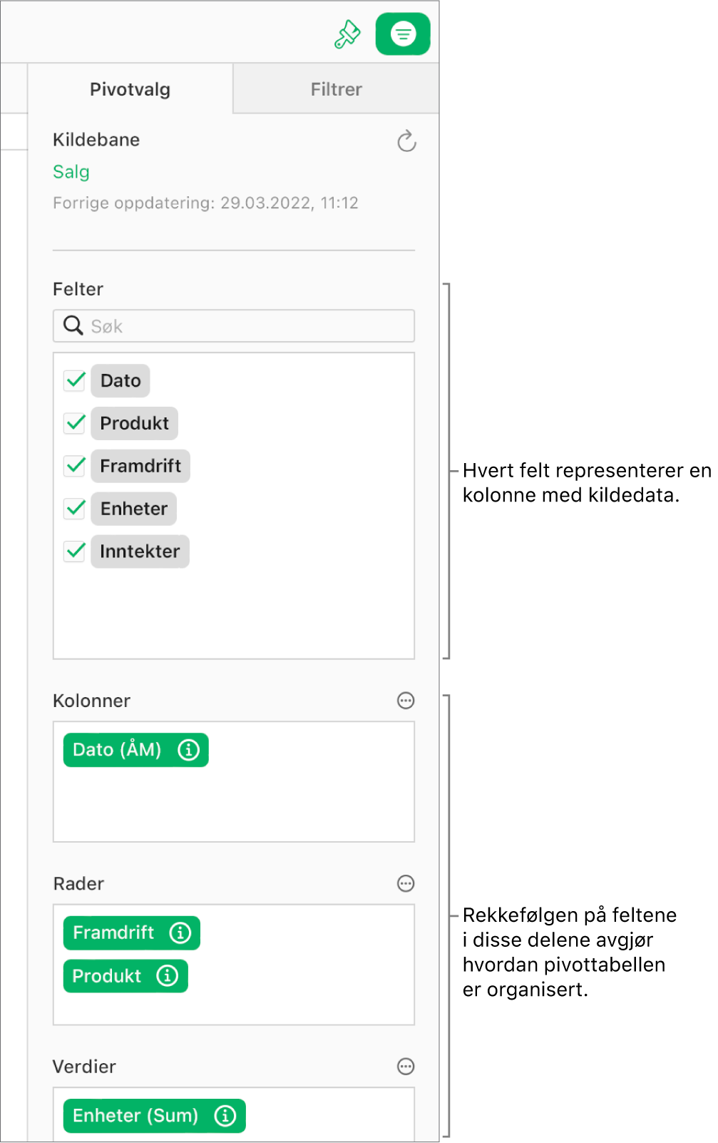 Pivotvalg-fanen i Organiser-sidepanelet, hvor det vises felter i delene Kolonner, Rader og Verdier samt Mer- og Info-knapper for å redigere feltene og oppdatere pivottabellen.