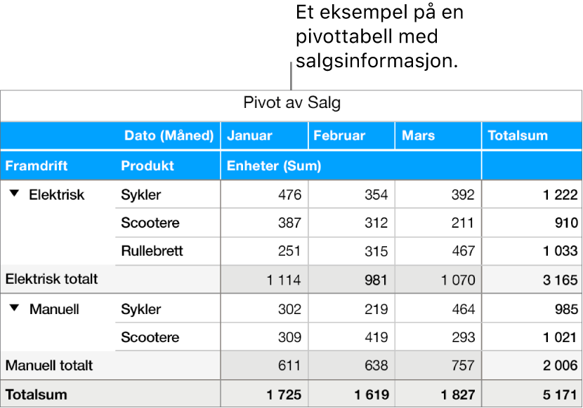 En pivottabell som oppsummerer data om sykler, sparkesykler og rullebrett, med kontroller for å vise visse data.