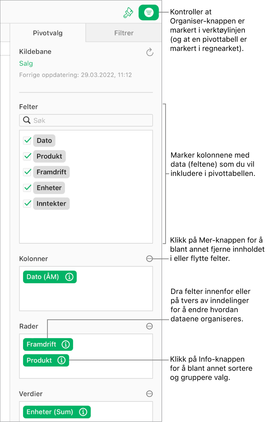 Pivotvalg-fanen i Organiser-sidepanelet, hvor det vises felter i delene Kolonner, Rader og Verdier samt Info- og Mer-knapper for å redigere feltene og oppdatere pivottabellen.