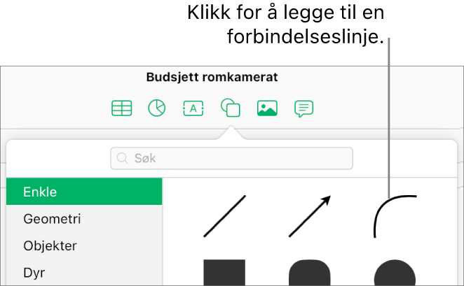 Figurbiblioteket er åpent med Enkle markert til venstre, og flere linjer og figurer, inkludert en buet linje, er synlig til høyre.