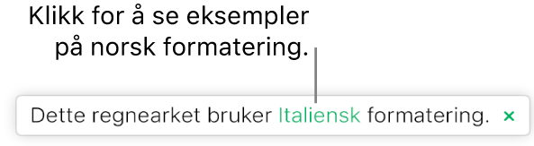 En melding med teksten «Dette regnearket bruker italiensk formatering».