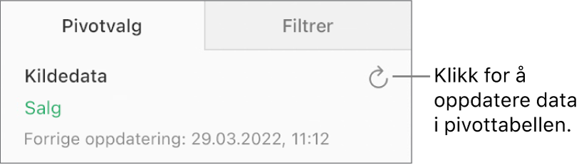 Pivotvalg-fanen, hvor Oppdater-knappen vises øverst til høyre.