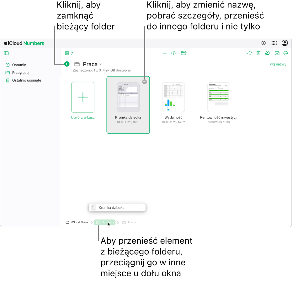 Menedżer dokumentów w widoku przeglądania, z arkuszem przeciąganym z bieżącego folderu do nowej lokalizacji (folderu Numbers) na dole okna. Poniżej paska narzędzi, po lewej stronie od nazwy bieżącego folderu (Work), widoczny jest przycisk Wstecz.