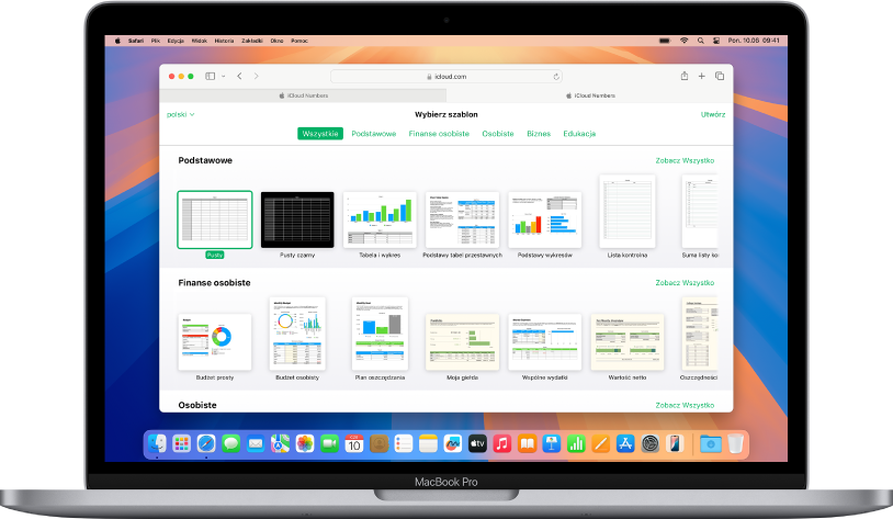 Otwarte okno wyboru szablonu, w&nbsp;którym widać kilka przykładowych arkuszy kalkulacyjnych do wyboru.