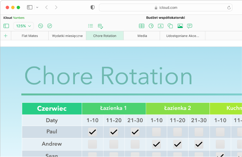 W lewym górnym rogu arkusza kalkulacyjnego znajduje się pięć kart arkusza; zaznaczony jest arkusz obrotu Chore'a, a na arkuszu pojawia się tabela z&nbsp;informacjami.