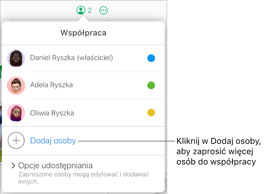 Zostanie otwarte menu Współpraca z opcją Dodaj osoby pod listą uczestników.