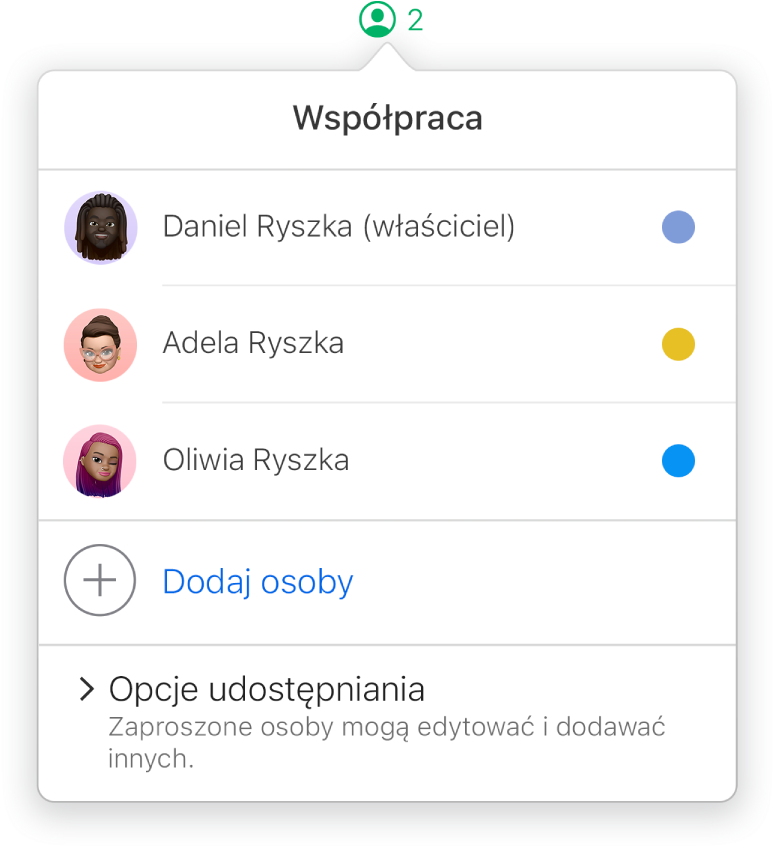 Menu współpracy zawierające nazwiska osób wspólnie pracujących nad arkuszem kalkulacyjnym. Poniżej widoczne są opcje udostępniania.