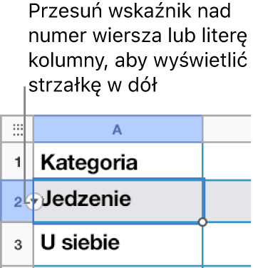 Numer wiersza jest zaznaczony w tabeli, a po jego prawej stronie widoczna jest strzałka w dół.