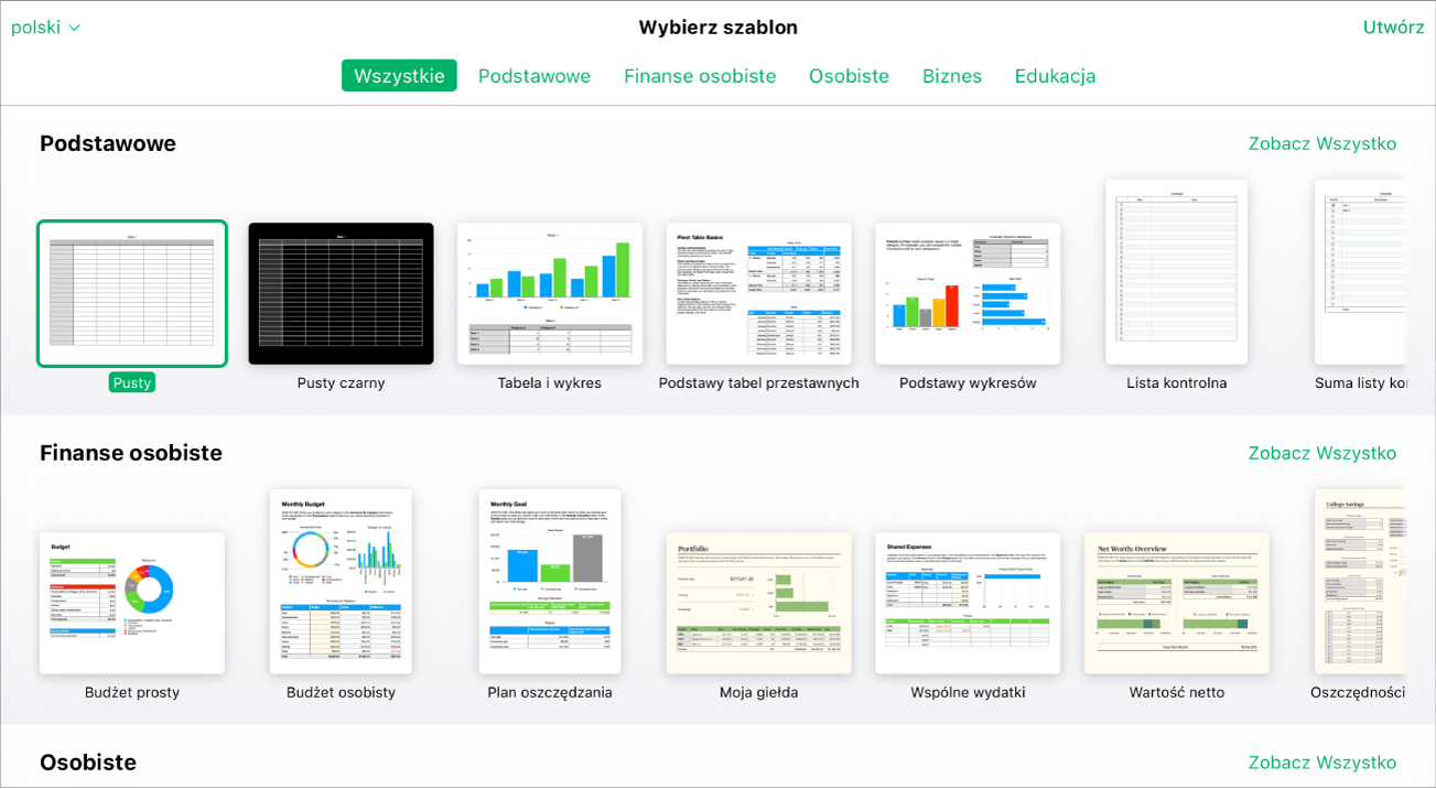 Paleta szablonów wyświetlająca kilka miniatur szablonów. Wybrany jest szablon o nazwie Pusty.