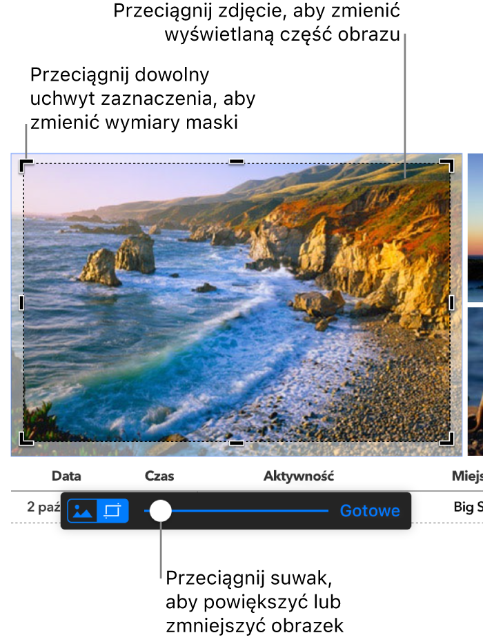 Wybrane zdjęcie z elementami sterującymi maskowaniem widocznymi u dołu. Dymki wskazują narożny uchwyt zaznaczania, granice obrazu i suwak na narzędziu maskowania.