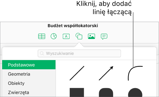 Otwarta biblioteka kształtów z wybraną kategorią Podstawowe z lewej strony i różnymi liniami oraz kształtami (w tym linią krzywą) widocznymi z prawej strony.