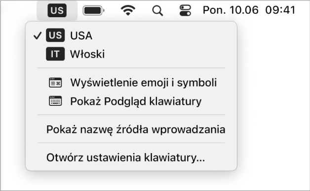 Menu wprowadzania w prawym górnym rogu paska menu jest otwarte i przedstawia wiele dostępnych języków, pozycje menu do otwierania opcji Emoji i symbole oraz Podgląd klawiatury oraz innych.