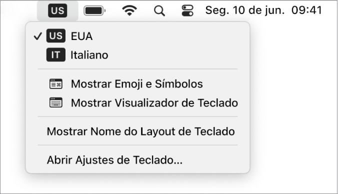 O menu de entrada no lado superior direito da barra de menus está aberto e mostra vários idiomas disponíveis, itens de menu para abrir Emoji e símbolos e Visualizador de teclado e muito mais.