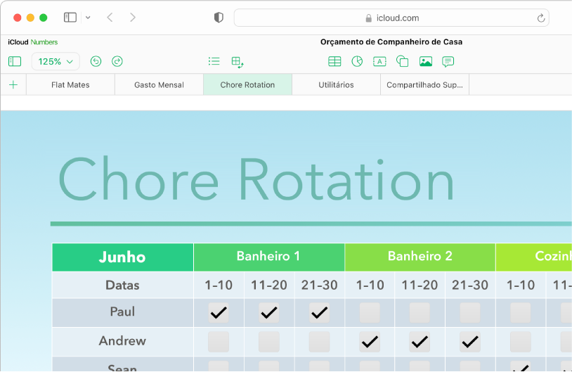 A parte superior esquerda de uma planilha mostra cinco abas de folhas; a aba Rotação de Tarefas está selecionada e uma tabela com informações de tarefas aparece na folha.