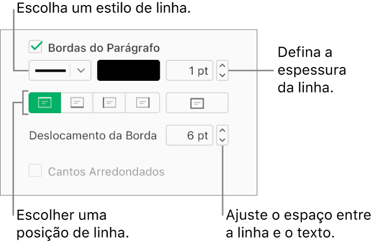 A caixa de seleção Bordas do Parágrafo está selecionada na aba Layout da barra lateral Formatar e os controles para alterar o estilo, a cor, a espessura, a posição e o deslocamento do texto são mostrados abaixo da caixa de seleção.
