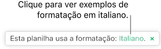 Uma mensagem que diz “Esta planilha usa a formatação Italiano”.