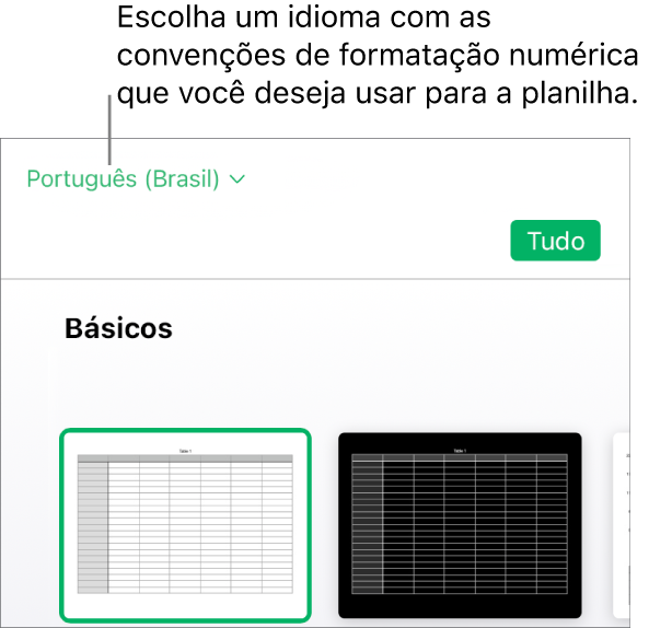 O menu pop-up na lateral superior esquerda do seletor de modelos com inglês (Estados Unidos) selecionado.