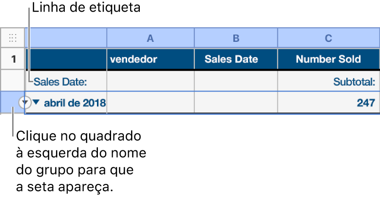 A linha de resumo está selecionada em uma tabela categorizada e uma seta para baixo aparece na borda; a linha de etiqueta acima da linha de resumo mostra o nome da categoria acima do nome do grupo e o nome de uma função, Subtotal, na terceira coluna.