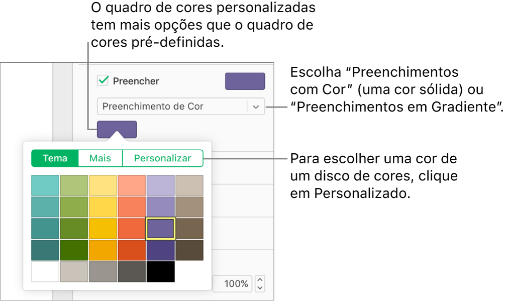 Colorido está selecionado no menu pop-up abaixo da caixa de seleção Preenchimento, e o seletor de cores abaixo do menu pop-up mostra opções adicionais de preenchimento de cor.