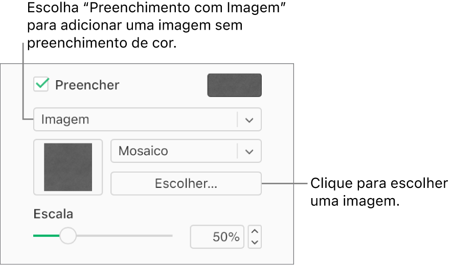 A caixa de seleção Preenchimento é marcada na barra lateral e o Preenchimento de imagem é escolhido no menu pop-up abaixo da caixa de seleção. Controles para escolher a imagem, como ela preenche o objeto e a escala dela são exibidos abaixo do menu pop-up. Uma pré-visualização do preenchimento com imagem aparece no quadrado (depois que uma imagem é escolhida).