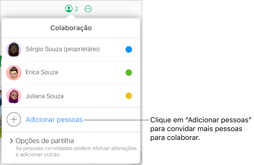 O menu Colaboração abre-se, com a opção "Adicionar pessoas” sob a lista de participantes.