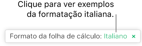 Uma mensagem que indica “Esta folha de cálculo utiliza formatação italiana”.