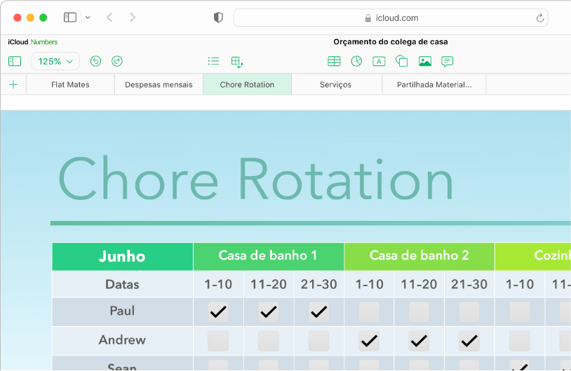 A parte esquerda superior da folha de cálculo mostra cinco separadores de folhas; a folha “Rotação de tarefas” está selecionada e aparece uma tabela com informações das tarefas na folha.