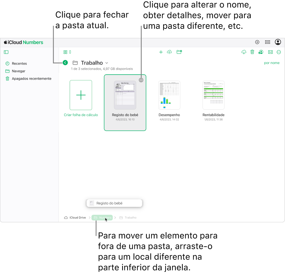 O gestor de documentos na vista de navegação com uma folha de cálculo a ser arrastada da pasta atual para um novo local (a pasta Numbers) na parte inferior da janela. Por baixo da barra de ferramentas, aparece o botão “Anterior” à esquerda do nome da pasta atual (Trabalho).