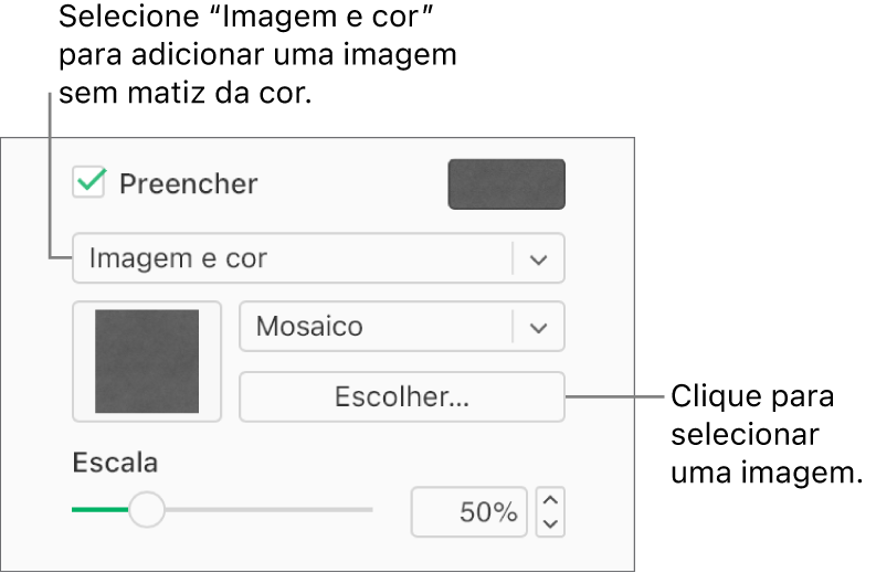 A opção “Preenchimento” está assinalada na barra lateral e a opção "Preenchimento com imagem” está selecionada no menu pop-up sob a opção assinalável. Os controlos para selecionar a imagem, a forma como preenche o objeto e a escala da imagem, são apresentados sob o menu pop-up. Uma pré-visualização do preenchimento com imagem aparece no quadrado (após uma imagem ser escolhida).