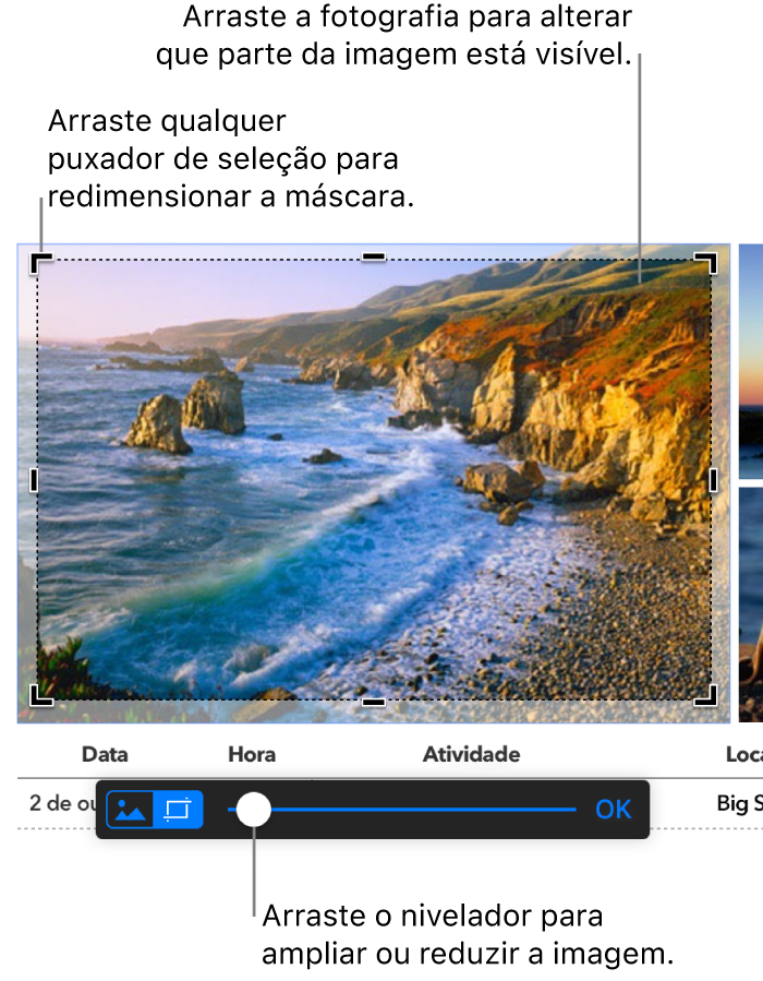 Uma imagem selecionada com os controlos de máscara visíveis na parte inferior. As legendas indicam um puxador de seleção no canto, a borda da imagem e o nivelador no controlo da máscara.