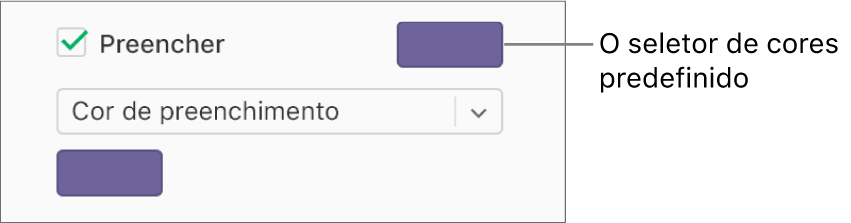 A opção “Preenchimento” está assinalada na barra lateral e o seletor de cores predefinido à direita da opção assinalável está preenchido a roxo. Sob a opção assinalável, a opção "Preenchimento de cor” está selecionada no menu pop-up.