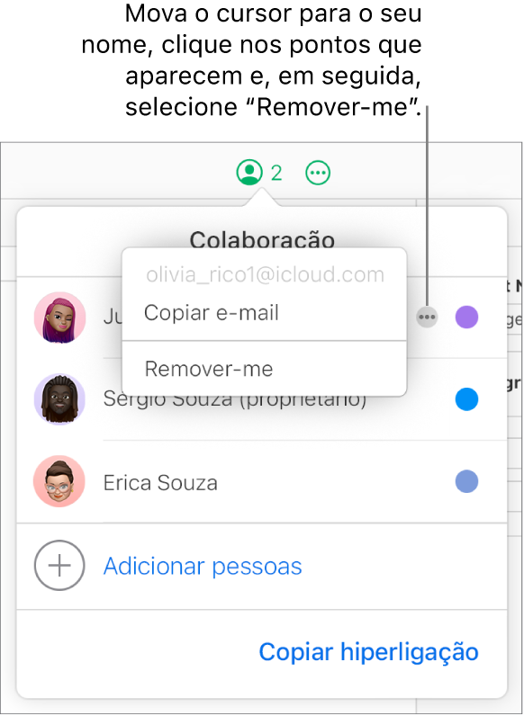 O menu Colaboração abre-se, com o botão "Mais” à direita do primeiro participante clicado e a opção “Remover-me” disponível.