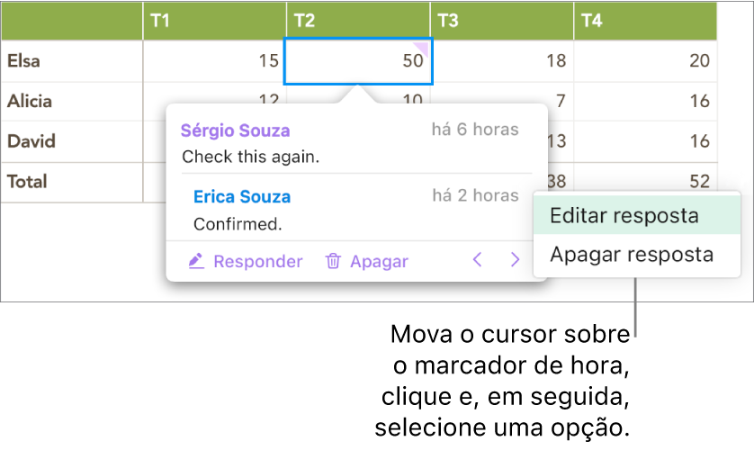 Um comentário com uma resposta e o cursor sobre o marcador de hora para a resposta; um menu pop-up apresenta duas opções: “Editar resposta” e “Apagar resposta”.