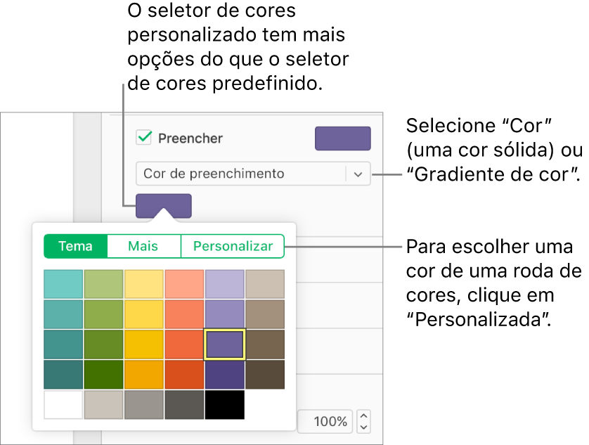 A opção "Preenchimento de cor” está selecionada no menu pop-up sob a opção assinalável "Preenchimento” e a paleta de cores sob o menu pop-up apresenta opções adicionais de preenchimento de cor.