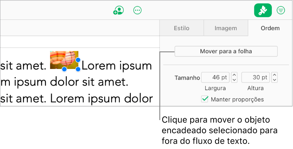Uma imagem incorporada na caixa de texto está selecionada e o botão “Mover para a folha” está visível no separador “Ordem” na barra lateral.