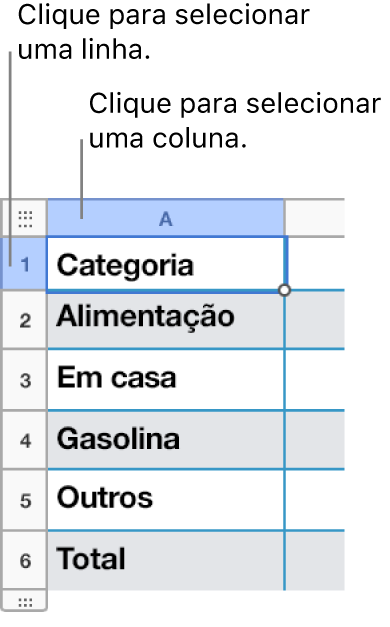 Uma linha de tabela selecionada com legendas para as seleções de linha e coluna.