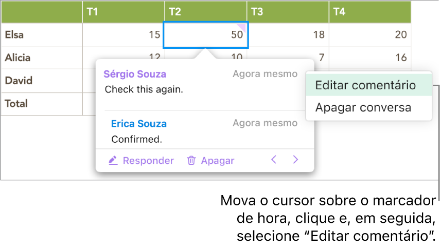 Um comentário está aberto, o cursor está sobre o marcador de hora e o menu pop-up apresenta duas opções: “Editar Resposta” e “Apagar Resposta”.