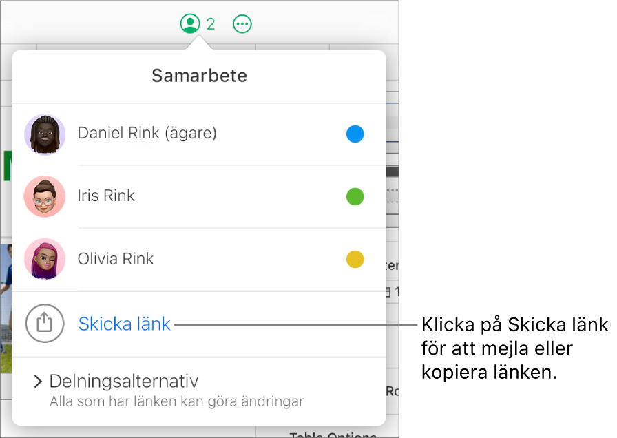Menyn Samarbete är öppen med alternativet Skicka länk nedanför deltagarlistan.