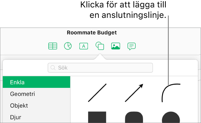 Formbiblioteket är öppet, Enkla är markerat till vänster och ett antal linjer och former, däribland en böjd linje, visas till höger.