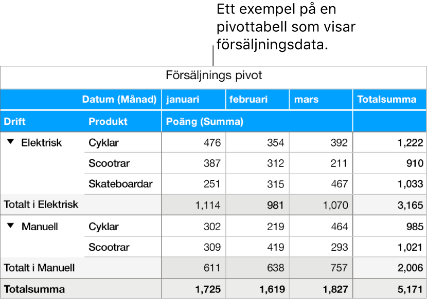 En pivottabell som visar sammanfattade data för cyklar, scootrar och skateboardar samt reglage för att visa vissa data.