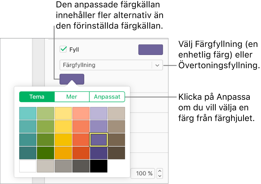Färgfyllning har valts i popupmenyn Fyllning och färgkällan nedanför popupmenyn visar ytterligare alternativ för färgfyllning.