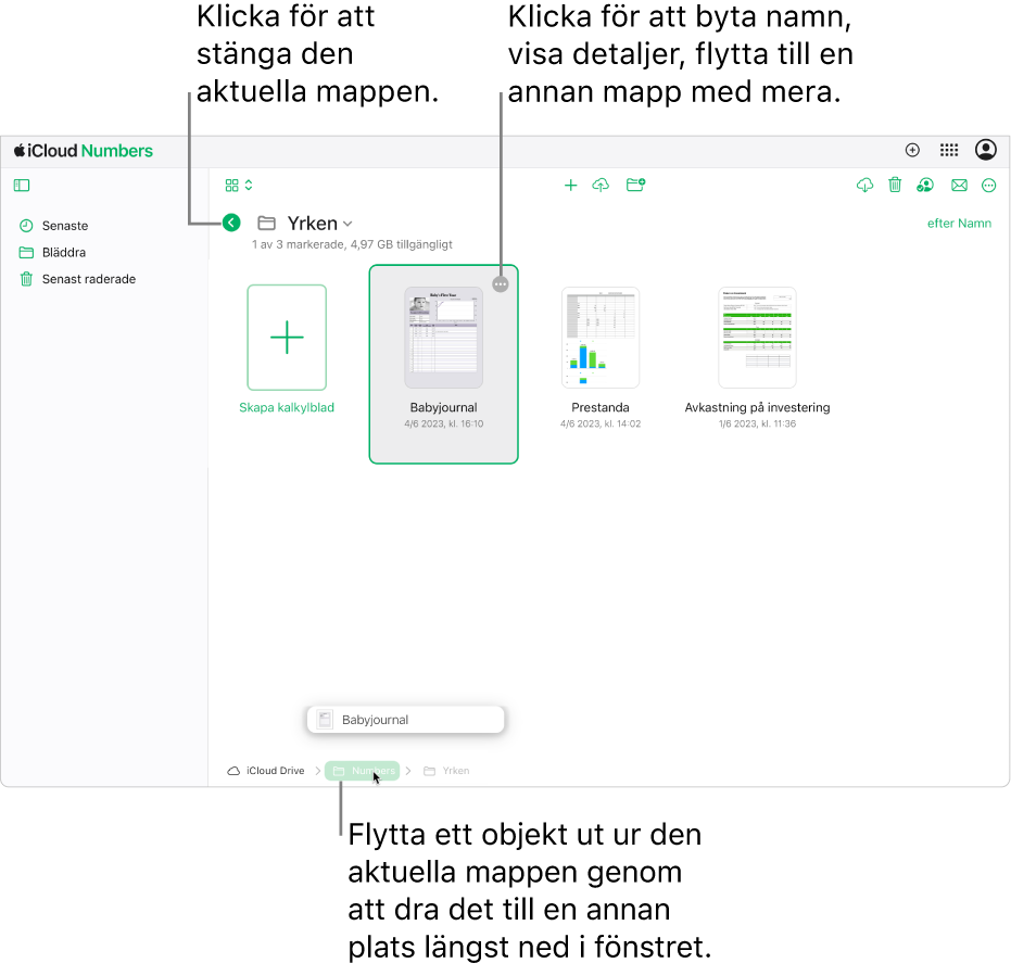 Dokumenthanteraren i bläddringsvyn, med ett kalkylblad som dras till en ny plats (Numbers-mappen) längst ned i fönstret. Under verktygsfältet finns en tillbakaknapp till vänster om den aktuella mappens namn (Arbete).