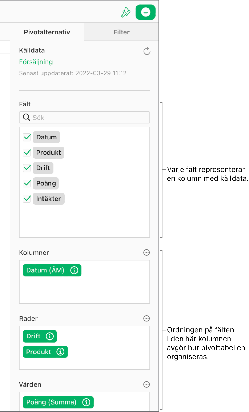 Fliken Pivotalternativ i sidofältet Ordna, som visar fält i avsnitten Kolumner, Rader och Värden, samt knappar Mer och Info för att redigera fälten och uppdatera pivottabellen.