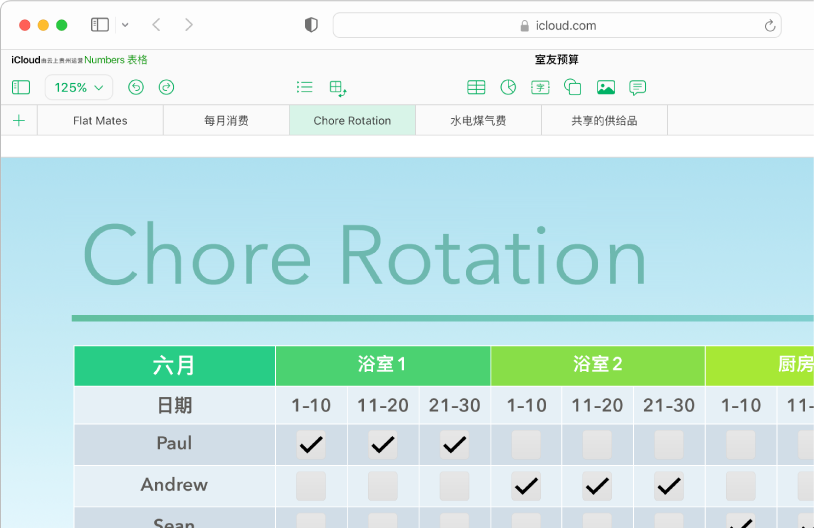 电子表格的左上角显示五个工作表标签；“值勤轮班”工作表处于选中状态，工作表上显示一个包含值勤信息的表格。